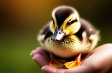 Chick in the palms of a man, cute duckling close-up, woman holding a small duckling in her palms, side view