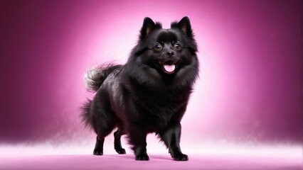  Black dog standing, mouth open, tongue out on pink background  text