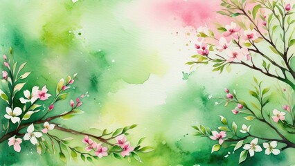 Abstract background celebrating the resurrection of nature in spring, saturated watercolor hues of green and floral pinks, intertwining branches and blossoming
