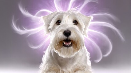 White dog on white background with purple flower in its face