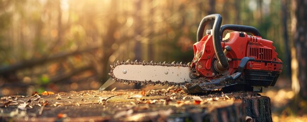 chainsaw on a tree stump amidst a forest basked in golden sunset light