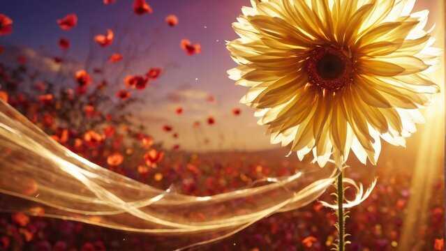  A stunning image of a sunflower standing tall amidst a sea of red flowers, with a long white veil billowing in the wind, captures the essence of nature's beauty