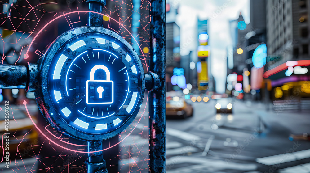 Poster cybersecurity in the urban digital space, secure networking and data protection concept