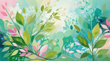 Abstract background embodies the freshness of spring, featuring splashes of vibrant greens intermixed with soft pastel hues of pinks and blues, impressionistic strokes
