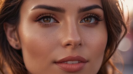 A captivating image showcases a close-up of a woman with warm, light brown hair and mesmerizing blue eyes accentuated by delicate brown eyeshadow Optimized for SEO