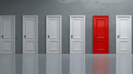 Row of White Doors with One Distinct Red Door on a Reflective Floor