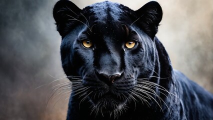 Naklejka na ściany i meble Black Panther Close-Up | Yellow Eyes & Dark Fur | Dark Background