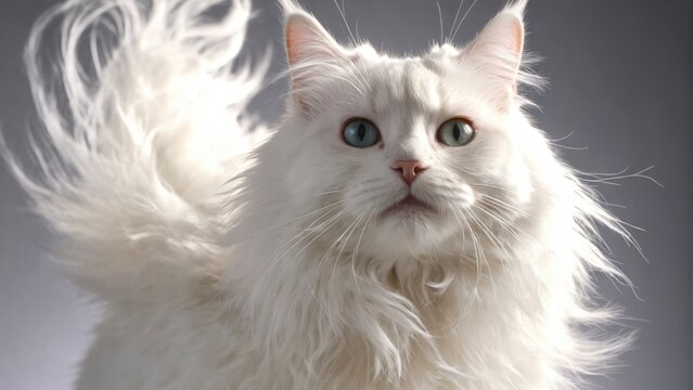  A stunning photo of a white cat with long fur on its hind legs and piercing blue eyes