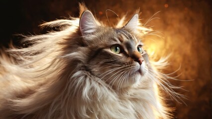  A cat, lit up by sunlight and with wind blowing through its fur, is shown in a close-up photo