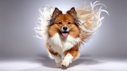 A brown and white dog, with its hair flying in the wind, runs joyfully with an open mouth and its tongue extended