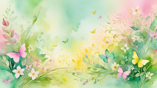 Abstract composition celebrating spring, blend of vibrant greens, pastel pinks, and soft yellows, incorporating symbols of renewal like budding flowers and leaves, bursts of floral patterns