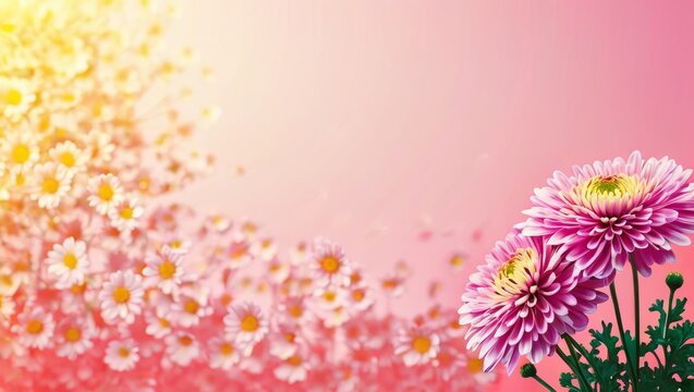  A visually stunning image featuring a pink-yellow color scheme, with daisies adorning the foreground and a vibrant green plant as the centerpiece Optimized for SEO