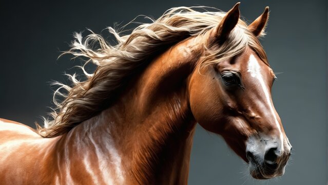  High-quality photo of a horse's head with hair flying in the wind, set against a monochromatic backdrop