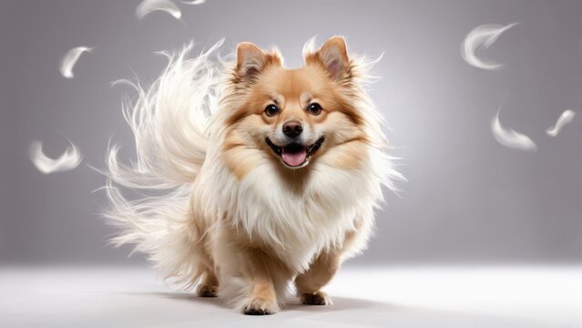  A stunning image of a brown and white dog, captured against a gray backdrop, with graceful white feathers adorning its head