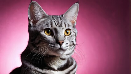  Pink-backdrop cat portrait featuring close-up of black & white feline with striking yellow eyes