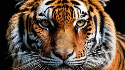 Fototapeta premium A stunning close-up of a majestic tiger's face on a dark background, captured in sharp detail