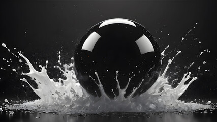  Black art glass ball splashes drops and micro macro splashes on black damp background.   AI generated image, ai - obrazy, fototapety, plakaty