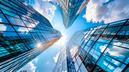 Upward View of Reflective Glass Skyscrapers Against a Cloudy Blue Sky - obrazy, fototapety, plakaty