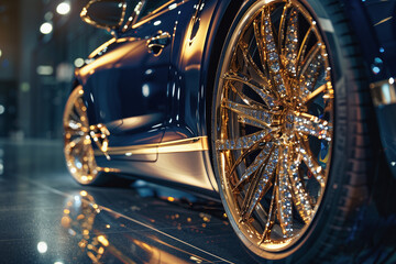 a gold and diamond-encrusted car wheel detail - obrazy, fototapety, plakaty