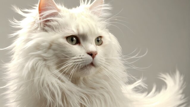  White cat with long fur, serious expression in close-up photo