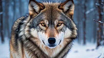 Obraz premium A majestic wolf stands in the snow, surrounded by towering trees and blanketed terrain