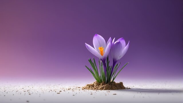  A stunning image of two purple flowers perched atop a mound of dirt on a white background beside a majestic purple wall