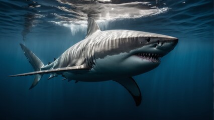  A majestic Great White Shark gracefully glides beneath the waves, its cavernous maw agape - obrazy, fototapety, plakaty