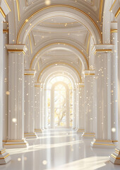 White marble hall with columns and golden pillars
