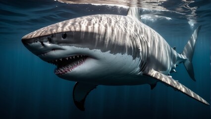  An incredible sight, a majestic great white shark effortlessly glides beneath the water's surface, its jaws agape and razor-sharp teeth on full display