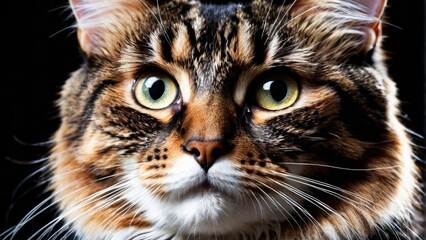  Close-up of green-eyed feline with whiskers on its fur  image description - obrazy, fototapety, plakaty