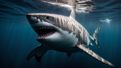  A majestic Great White Shark, mouth agape, glides through azure oceans under a radiant side-light