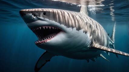  A stunning, illuminated shark shot from above with a wide-open mouth in crystal clear water