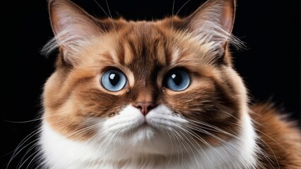  High-quality image showcasing a close-up of a feline's face with stunning blue eyes and visible whiskers on its fur, making for an adorable and captivating