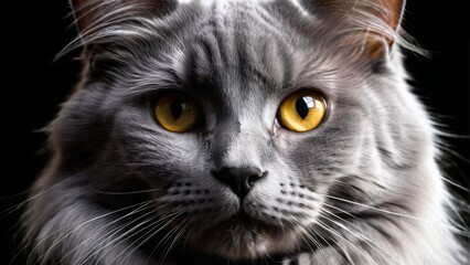  A gray and white cat, with serious expression and yellow eyes, gazes into the camera