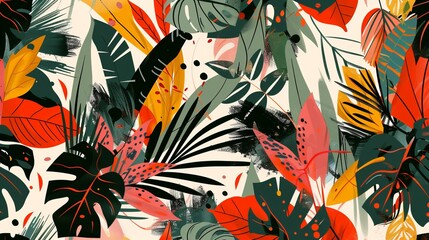 Contemporary floral seamless pattern featuring an abstract collage of jungle plants. A trendy template for design purposes - obrazy, fototapety, plakaty