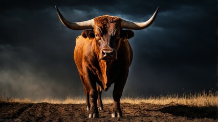  A majestic, chestnut-colored bovine grazing amidst an open pasture at dusk, surrounded by a scattering of soft white clouds