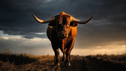  A majestic bull with massive horns graces a dusty road amidst an eerie night sky and a looming black cloud
