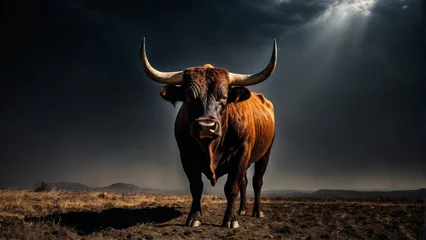 Foto op Canvas  Large, majestic bull grazes amidst golden grasslands during twilight hours © Viktor