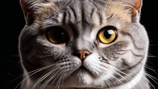  A close-up photo of a cat's face with captivating yellow eyes and distinct whiskers adorning its head