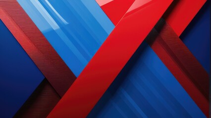 Red and blue stripes intersecting at a sharp angle against a glossy abstract background, minimalistic design, full of geometric precision, textured, ultra clear, ultra fine, impressionist style - obrazy, fototapety, plakaty