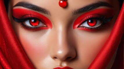  Red-eyed woman in close-up, wearing red veil and eyeliner