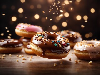 Glazed chocolate doughnut with toppings, floating in the air, cinematic food dessert photography 