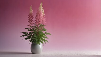  White vase with pink flowers on white table, pink wall in background