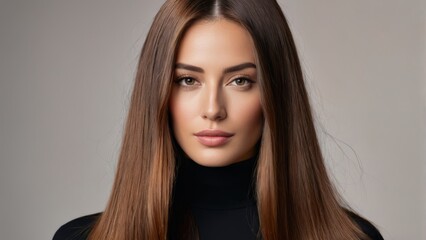  Long brown-haired female gazes into camera in black turtleneck top and sweater - obrazy, fototapety, plakaty