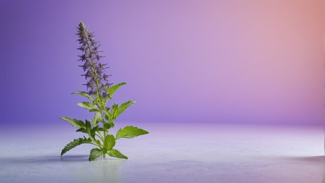  A stunning close-up image showcases a vibrant green plant resting atop a dark wooden table against a captivating purple and pink backdrop, with a matching purple vase accentu