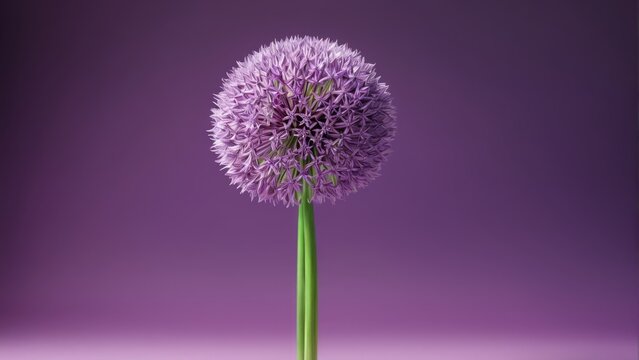  A high-resolution image captures a stunning close-up of a vibrant purple flower on a matching purple background, accentuated by a lush green stem