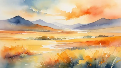 Fotobehang Soft, watercolor painting of an abstract summer landscape, with hues of warm orange and sunlit yellow bleeding into each other, zephyrs of wind occasionally stirring up floating dust motes © ramses