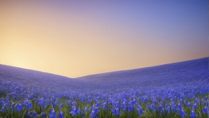  A stunning image of a field of blue flowers bathed in warm sunlight as the sun begins to set in the distance, capturing the essence of a peaceful moment