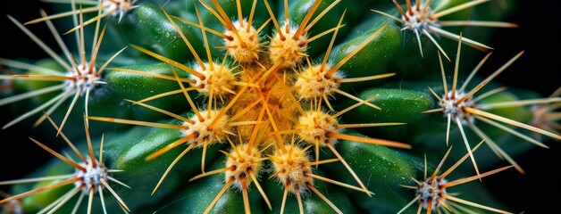 Fototapeta premium Detailed view of a green cactus with vibrant yellow tips, showcasing its unique coloration and texture