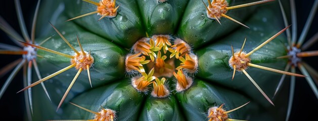 Macro shot of a cactus flower, showcasing intricate details of its petals, stigma, and stamens - obrazy, fototapety, plakaty